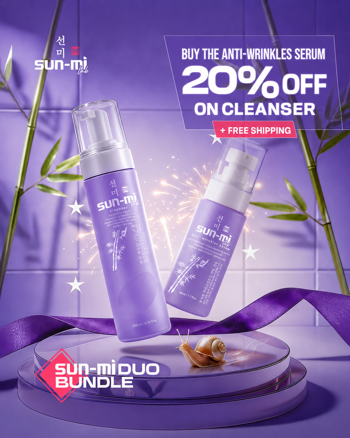Korean anti-wrinkle serum + 20% discount on Korean cleanser + free shipping